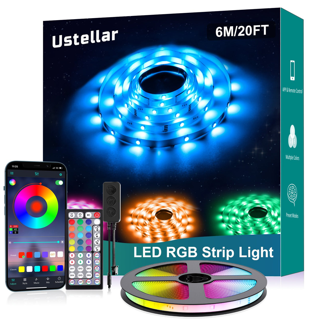 Ustellar 6M Bluetooth + IR Remote RGB Smart Strip Lights (US)